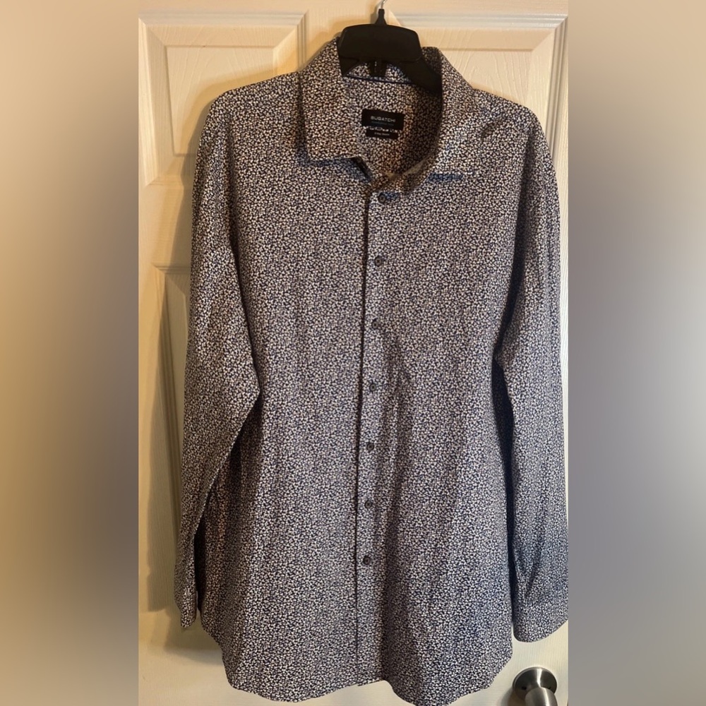 Bugatchi Cotton Tech 8 Way Stretch Mens Shirt Long Sleeve Navy Beige XXL